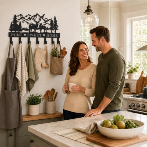 Deer Metal Key Holder for Wall, 14.5" X 9.2", Key Hooks for Wall Organizer, Key Rack, Forest Theme Coat Hat Towel Hooks, Ideal for Living Roo - size: Medium, style: Sweet Home