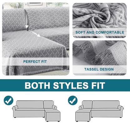 Turquoize Sectional Couch Covers L Shape Couch Cover Sectional Sofa Cover Washable 2 Pieces Blanket for Sectional Sofa Feature Geometrical Woven Jacquard Fabric (71" x 102"+63" x 110", Grey/White) - color: Grey/White, size: Small Sectional: 71" x 102"+63"