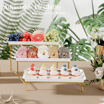 Bumusty 3-Tier Melamine Serving Tray Set, 14 x 7 in, Gold Stand | Melamine Reusable Platters with Metal Display Stand for Cupcakes, Desserts, Fruit, Cookies, Parties, Birthdays and Holidays - color: Gold, size: 14" x 7"