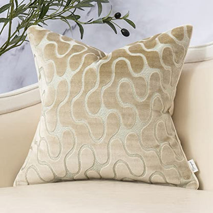 Beige Square Throw Pillow Cover Wavy Velvet Cushion Cover Modern Zippered Pillowcase for Sofa Couch Bedroom Living Room Chair, 20 x 20 Inch - color: Beige, size: 20" x 20" (Pack of 1)