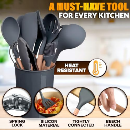 12 Pcs Cooking Kitchen Accessories Set with Holder, Silicone Heads (Gray) | Gray Kitchen Utensils Set for Cooking and Baking; Wooden Handles; Heat-Resistant up to 446°F; Non-Scratch for Nonstick Pans - color: Gray