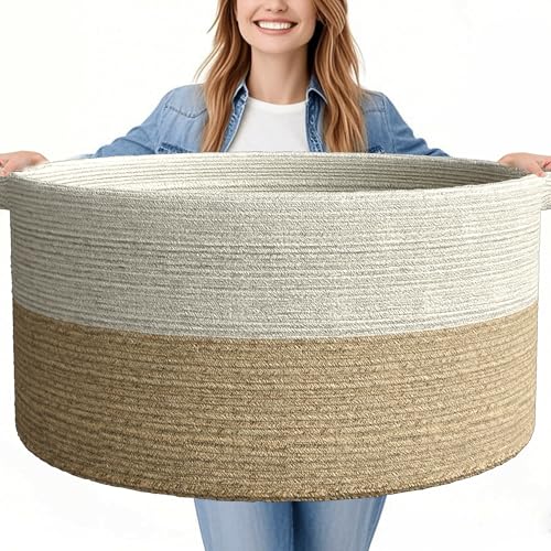 125L Extra Large Blanket Basket, 25" x 16" | Jumbo Laundry Woven Baskets Decorative Home, Cotton Rope Basket with Handles, Baby Toy Baskets for Storage, White & Brown - color: white brown, size: 1 Pack