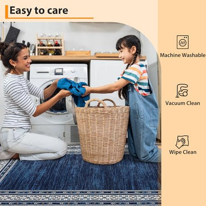 Modern Washable Runner Rug 2x6 Non Slip Bordered Solid Area Rugs, Washable Kitchen Mats Bedside Rug, Stain Resistant Soft Bathroom Carpet, Foldable Runners for Hallways, Entryways, Blue | Non Slip Non Shedding Stain Resistant Neutral Textured Solid Foldab