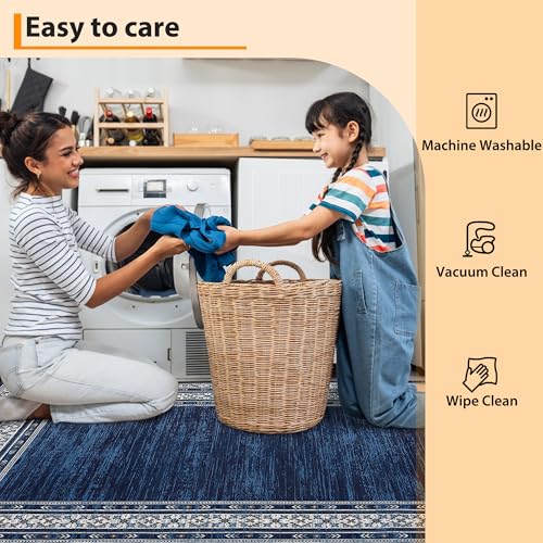 Modern Solid Area Rug 5x7 Washable Non Slip Neutral Rugs for Living Room, Non-Shedding Stain Resistant Bordered Throw Carpet, Neutral Foldable Floor Rugs for Bedroom Dining Table, Blue | Non Slip Neutral Border Non Shedding Stain Resistant Low Pile Foldab