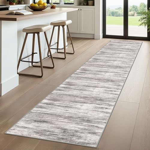 KOZYFLY Modern Abstract Hallway Runner, 2x10 Washable Rug Non-Slip Soft Striped Kitchen Runner Rug, Grey/Light Beige/Brown Print Carpet Runner for Entryway Bathroom - color: Grey/Light Beige/Brown, size: 2' x 10' (Runner)