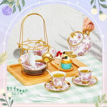 Zhehao 20 Pcs Porcelain Tea Set with Metal Holder and Spoon Adult Ceramic Tea Set European Flower Painting Teapot Cup Saucer Spoon for Women Mom Gift, Large Version (Purple Style) - color: Purple Style