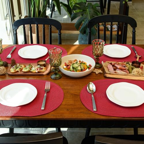 Placemats Set of 6, Woven Oval Braided Dining Table Mats(Red) | 12 x 17.5 Inch Size Fits Plates and Flatware; Hand Washable and Heat Resistant for Kitchen Use, with Farmhouse and Boho Style - color: Red, size: 6 pcs