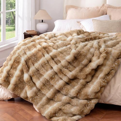 Ultra Soft Cozy Faux Fur Throw Blanket, Fuzzy Plush Thick Bubble Blanket, Oversize Luxury Fluffy Blanket for Couch, Bed, Bedroom and Living Room, 60x80 Inches, Tie-Dye Camel - color: Tie-dye Camel, size: Twin