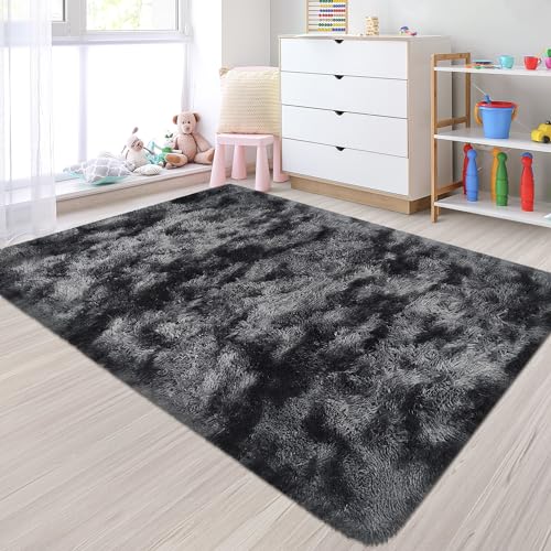 Small Tie-Dyed Area Rug for Bedroom 3x5 Mini Black Grey Fluffy Rug Mat Bedside Throw Rug for Kids Room Boys Teens Nursery Baby Dorm Living Room Home Decor Aesthetic Carpets - color: Tie-dyed Black Grey, size: 3' x 5' (Rectangular)