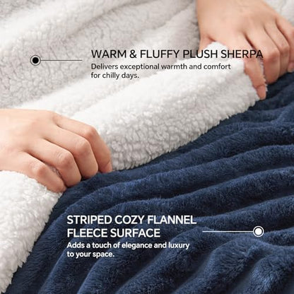 INFIIXSO Sherpa Fleece King Size Blanket - Super Soft & Warm Striped Fleece, Cozy Plush Fluffy Large Bed Blanket All Season Use (Navy Blue, 104x90 Inches) | Super Soft Thick Warm Striped Sherpa Blanket for Bed Sofa, Cozy Plush Fluffy Throw Gift for Women,