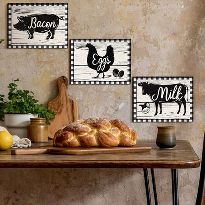 Jetec 3 Pieces Farmhouse Kitchen Decor Wooden Pig Cow Chicken Signs Rustic Buffalo Plaid Wall Art Farm Animal Plaque for Kitchen Home Wall Decorations, 11.8 x 8.8 Inch - size: 11.8 x 8.8 Inch
