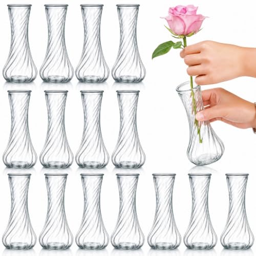 Noamus 16 Pack Glass Bud Vase, Clear Small Flower Vases in Bulk, Vintage Glass Vases for Centerpieces, Mini Vase Floral Bottle for Rustic Wedding Home Table Decor, Floral Party Arrangements