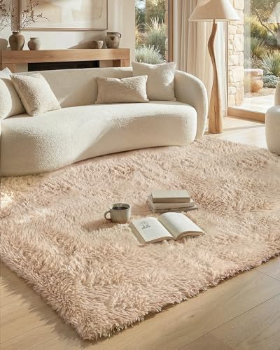 DEXI Area Rugs for Living Room 6x9, Non Slip Soft Rug for Bedroom, Beige | Machine Washable, High Pile, Non-Shedding, Soft Thick Fluffy Indoor Floor Carpet for Dining Room Playroom Office Study Room - color: Beige, size: 6' x 9' (Rectangular)