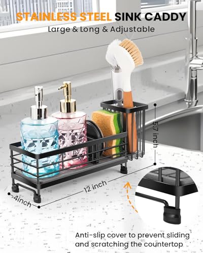 Kitchen Sink Caddy with 2 Water Absorbent Diatomite Stone Sink Tray, | Fast Drying Sink Organizer with High Dish Brush Holder, Sponge Holder for Kitchen Sink, for Countertop, Stainless Steel