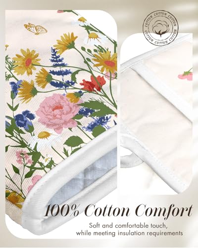 Miss Adola Cotton Oven Mitts and Pot Holders Sets, Meadow Bliss | Heat-resistant up to 350°F, Pure Cotton, Quilted Contact Surface, Stylish Design, with Hanging Loop, Ready to Gift Package - color: Meadow Bliss
