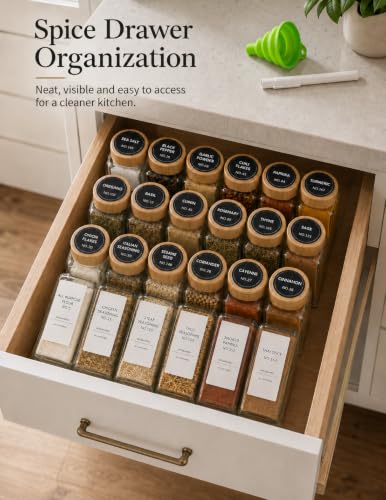 Spice Jar Set, 24 Pcs 4oz Glass Spice Jars with Labels and Bamboo Lids, Square Spice Bottles with Shaker Lids for Cabinet, Drawer, Pantry and Spice Rack Organization
