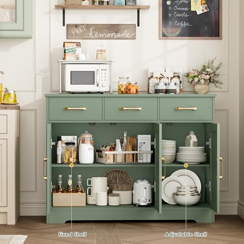 HOSTACK Kitchen Buffet Cabinet with Storage, Sideboard Coffee Bar, Green | Farmhouse Kitchen Storage Cabinet with 3 Drawers & Adjustable Shelf, 42.5"W Buffet Table for Dining Living Room - color: Green
