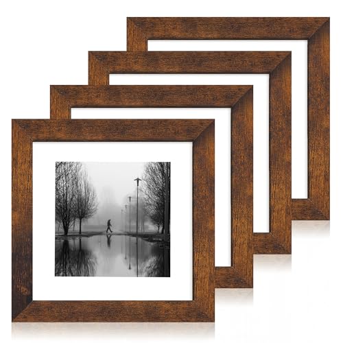 iRahmen 8x8 Picture Frame Set of 4 with HD Glass, Display 6x6 Pictures with Mat or 8 x 8 Without Mat, Rustic Wood Photo Frame for Wall Mount and Tabletop Display - color: Dark Brown, size: 8X8