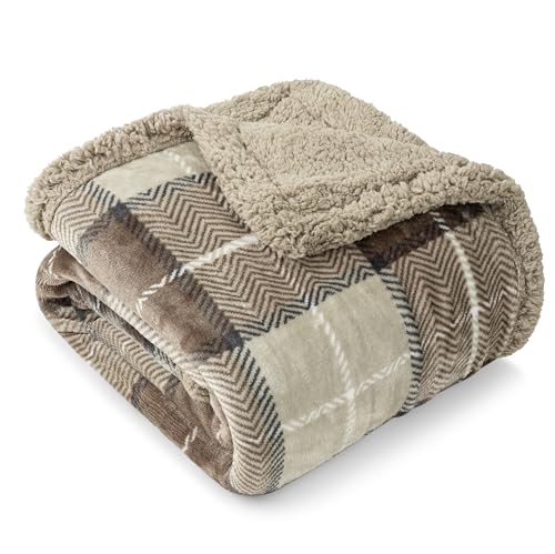 PAVILIA Twin Plaid Sherpa Throw Blanket for Couch Sofa Bed, Taupe, 60x80 | GSM 460; Soft Plush Flannel Fleece; Warm&Cozy for Home; Machine Washable, Perfect Cabin Decor Winter Holiday Christmas Gift - color: Plaid Taupe, size: 60 x 80 Inches