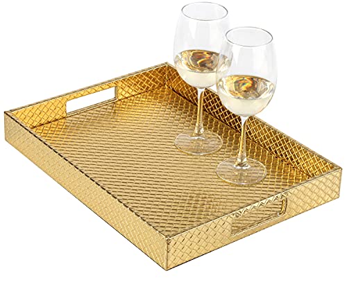 HofferRuffer Rectangle Serving Tray with Hole Handles for Coffee Table, Breakfast, Tea, Food, Butler - Countertop, Kitchen, Vanity Serve Tray, 16.2 x 12.2 x 2 inches, Faux Leather (Gold) - color: Gold