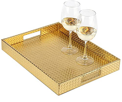 HofferRuffer Rectangle Serving Tray with Hole Handles for Coffee Table, Breakfast, Tea, Food, Butler - Countertop, Kitchen, Vanity Serve Tray, 16.2 x 12.2 x 2 inches, Faux Leather (Gold) - color: Gold