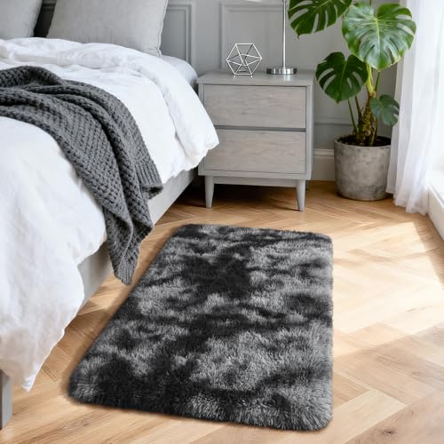 2x3 Small Rug for Bedroom Livingroom Mini Space Home Decor, Modern Indoor Shaggy Plush Fluffy Furry Fur Rugs Comfy Nursery Kids Room Floor Carpet, Tie-Dyed Black & Grey - color: Tie-dyed Black & Grey, size: 2' x 3' (Rectangular)