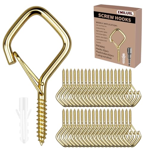82 PCS Metal Gold Eye Screw Hooks for Hanging Heavy Duty.Windproof Ceiling Hooks for Hanging Plants,Cup,Wind Chime,Bird Feeders,Christmas String Lights at Indoor&Outdoor 2.2 Inch - color: Gold, size: 82Pcs