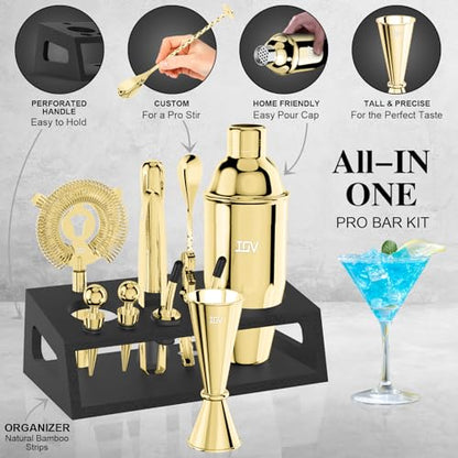 IOV Mixology Bartender Kit With Stand | 12-Piece Cocktail Shaker Set | 24oz Martini Shaker Set For Drink Mixing | Bar Set Includes All Bar Tools And Recipe Booklet | Fun Housewarming Gift (Gold) - color: 12 Pcs - Gold