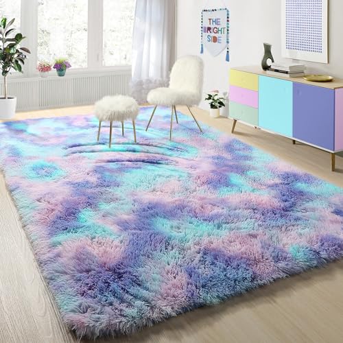 Cute Furry Pastel Rug for Girls Bedroom, Soft Adorable Rainbow Purple Tent Rugs for Livingroom, Kid Room,Playroom Nursery Home Decor,Plush Mermaid Kawaii Rug Fluffy Carpet 4x6 Area Rug Sturdy - color: 1- Rainbow Purple, size: 4' x 6' (Rectangular)