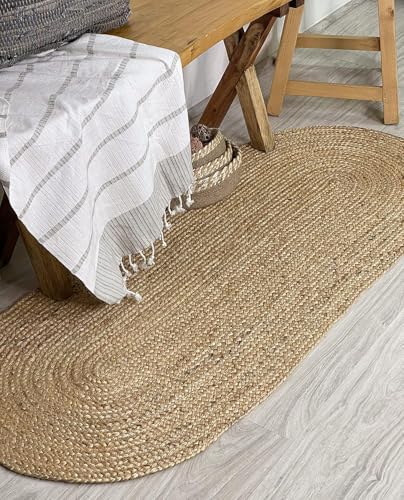 Hand Woven Natural Jute Braided Rug – 2x5 Runner Oval| Rustic Boho Farmhouse Style | Solid Natural Fiber Rug for Hallway, Entryway, Kitchen, Bedroom, Dining Room, Study, Office - size: 2' x 5' (Oval)