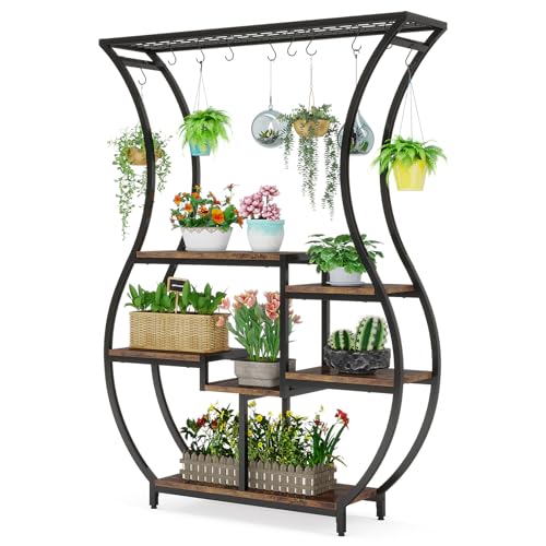 Tribesigns 6-Tier Plant Stand, 70.9 Inch Tall Plant Shelf with 10 Hanging Hooks, Vase Shape Ladder Plant Stand, Multi-Purpose Plant Display Rack for Indoor, Balcony, Living Room, Brown and Black