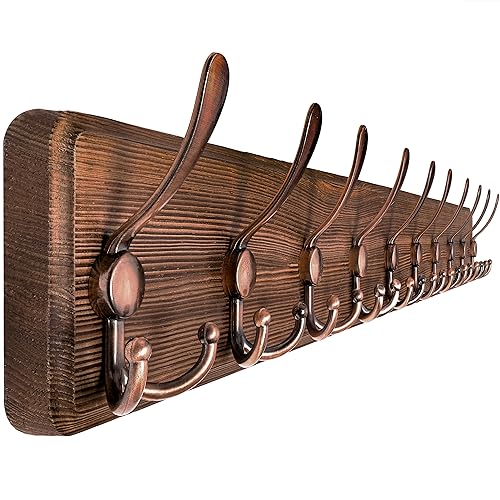 SKOLOO Coat Rack Wall Mounted - 38.6" Long, Wooden, Heavy Duty, Rustic Coat Hooks for Wall, Coat Rack with 10 Triple Hooks for Hanging Clothes, Jacket, Hat(Brown & Retro Red) - color: Brown Plate & Antique Hook, size: 1 Item-10 Hooks