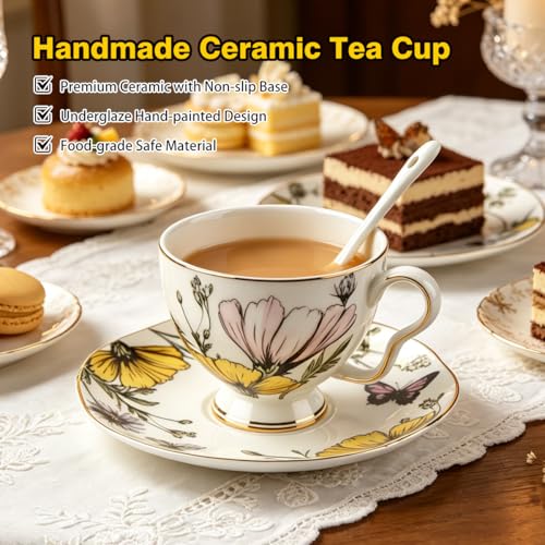 Tea Cup and Saucer Set, Floral with Gold Trim, 6.76 oz | Includes Spoon, British Style, Coffee & Latte Use, Party & Wedding Gifts, Christmas & Birthday Gifts - color: Butterfly01