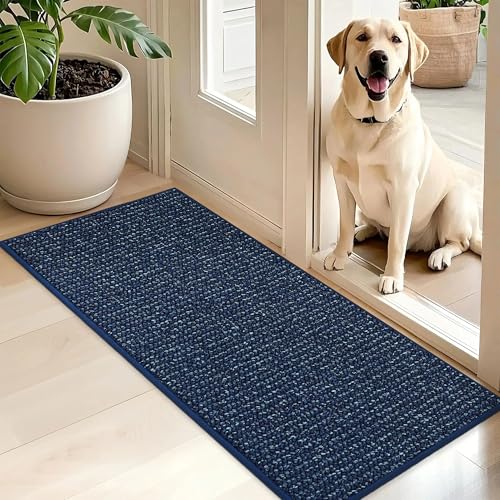 BEQHAUSE Dirt Trapper Door Mat 20" x 48", Non-Slip Washable Doormats, Blue | Entrance Mat Dirt Resistant and Absorbent Welcome Mat, Low Profile Floor Mats for Front Back Door and Entryway - color: Blue, size: 20" X 48" (Rectangular)