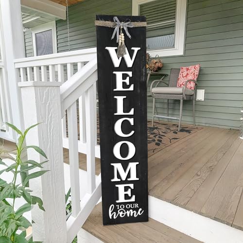 Large Vertical Welcome Sign for Front Door Porch, 47x10 Inch Solid Wood Farmhouse Porch Decor, 3D Raised Letters Rustic Welcome to Our Home Sign with Beads & Bow, No Assembly Required, Black - color: Black