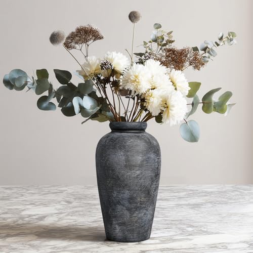 Rustic Vase, 11 inch Large Terracotta Flower Vase, Farmhouse Ceramic Pottery, Distressed Farmhouse Decor for Living Room, Shelf, Entryway, Room Decor, Black Bronze - color: Rustic Bronze