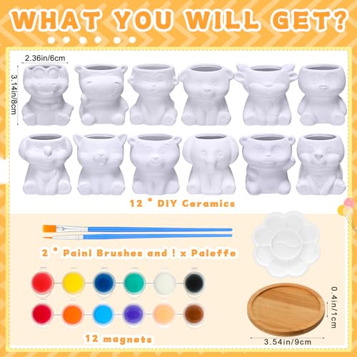 Hushee 12 Sets Ceramic Succulent Planters Paintable Succulent Plant Pots Small DIY Figurines Unpainted Pots with Drainage Hole Color Paints Paintbrushes Palettes - color: Animal