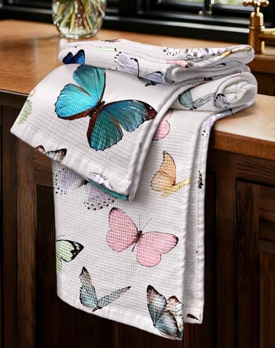 2pcs Cotton Waffle Kitchen Towels, Morpho Butterfly | Waffle Weave, Terry Cloth, Pure Cotton, Sustainable, 16"x26", Highly Absorbent, with Hanging Loop, Giftable Package - color: Morpho Butterfly