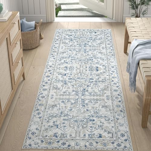 jinchan Kitchen Runner Rug 2x6,Vintage Hallway Rug Washable Rug Floral Runner Non Slip with Rubber Backing Soft Thin Carpet Runner for Bedroom Bathroom Laundry Room Living Room Decor Blue - color: Border Blue, size: 2' x 6' (Rectangular)