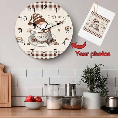 Silent PVC Wall Clock 10 Inch Round Wall Clock Gnomes Coffee Time Brown Plaid Hanging Clock for Kitchen Non Ticking Battery Operated Living Room Mute Clock - color: Coffeecbt3650, size: 10x10inch(25x25cm)