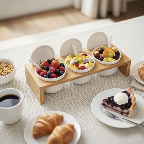 MyGift 10 Pcs Sauce Serving Dish, Hosting Party Essentials Host Gift, 3 Ceramic Ramekin Chip Dip Bowls with Lids & Spoons, Premium Bamboo Server Tray, Condiment Pot Entertaining - color: Bamboo