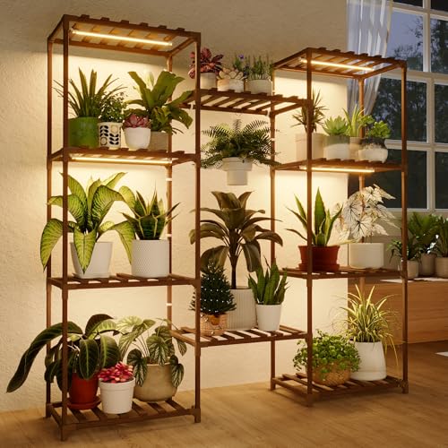 Bamworld Plant Stand with Grow Lights Large Plant Shelf for Mutiple Pots Plant Holder for Living Room Patio Boho Home Decor for Gardening Warm Light - color: Brown-20 Pots, style: Cabinet
