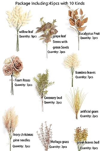 Serra Flora Artificial Greenery Stems Combo Box Set,34pcs with 7 Kinds of Faux Greenery Picks for DIY Bridal Bouquets Wedding Floral Arrangement Party Table Centerpieces - color: Brown & Beige