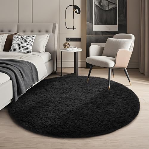 Ophanie Round Rug 4Ft Black Circle Area Rug, Room Decor for Men, Fluffy Fuzzy Bedroom Carpet, Plush Soft Shaggy Living Room Rugs for Kids Home Aesthetic, Nursery - color: 3- Black, size: 4' (Round)