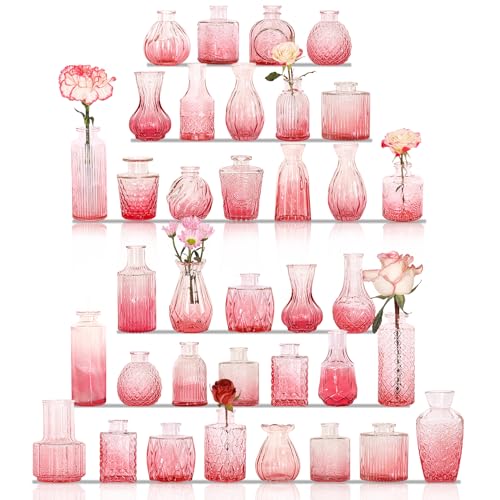 36Pcs Valentine's Day Bud Vases Set Small Vintage Glass Bottles Pink Bud Vases in Bulk Multiple Shape Cute Glass Vases for Rustic Wedding Centerpieces Table Decorations and Home Decor(Pink) - color: Pink