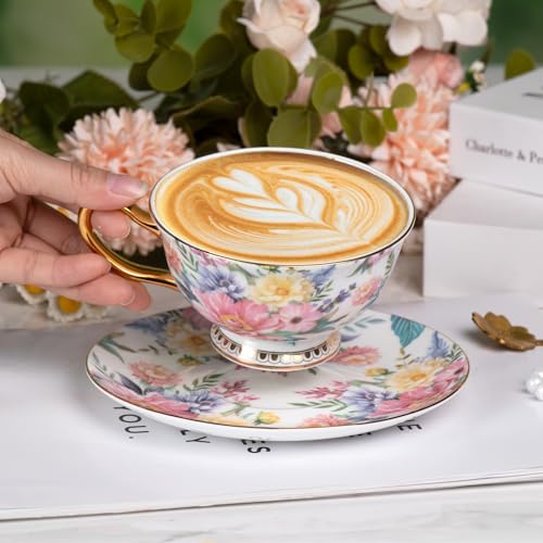 KAMMAK Tea Cups and Saucers Set of 2, Porcelain Coffee Cups, JBE018 | Stackable Espresso Mugs, Ceramic Demitasse for Coffee, Cappuccino, Latte, Americano, Tea - size: 8CZJBE018