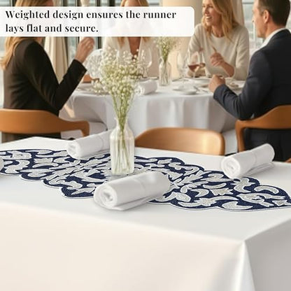 Beaded Table Runner, Blue Silver, 36x13 | Glass beads on polyester satin backing, 36x13 in, non-slip, weddings, holidays, dining & console tables - color: Navy/Silver, size: 36"x13"