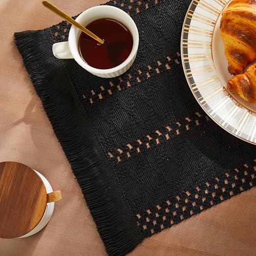 Macrame Style Boho Placemats Set of 4, Black 12x20 Inch | Decorative Farmhouse Table Mats, Natural Cotton Woven Place Mats, Bohemian Home Decor for Kitchen Dining Table - color: Black, size: Set of 4