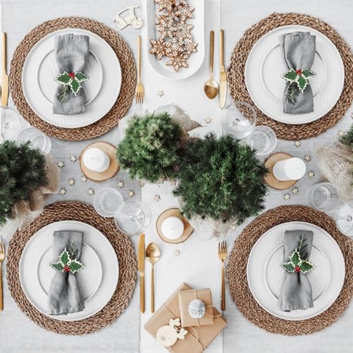 wonlex Farmhouse Napkin Ring Buckle Set of 12, Natural Rustic Serviette Buckles Holder for Table Decoration, Wedding, Thanksgiving Day,Christmas(Holly) - style: Holly