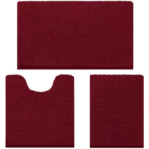 HOMEIDEAS 3 Pieces Bathroom Rugs, Ultra Soft Non Slip Absorbent Chenille Toilet Bath Mat Set (Burgundy) - color: Red-burgundy, size: 17"x24"+20"x32"+U Shape 20"x24"